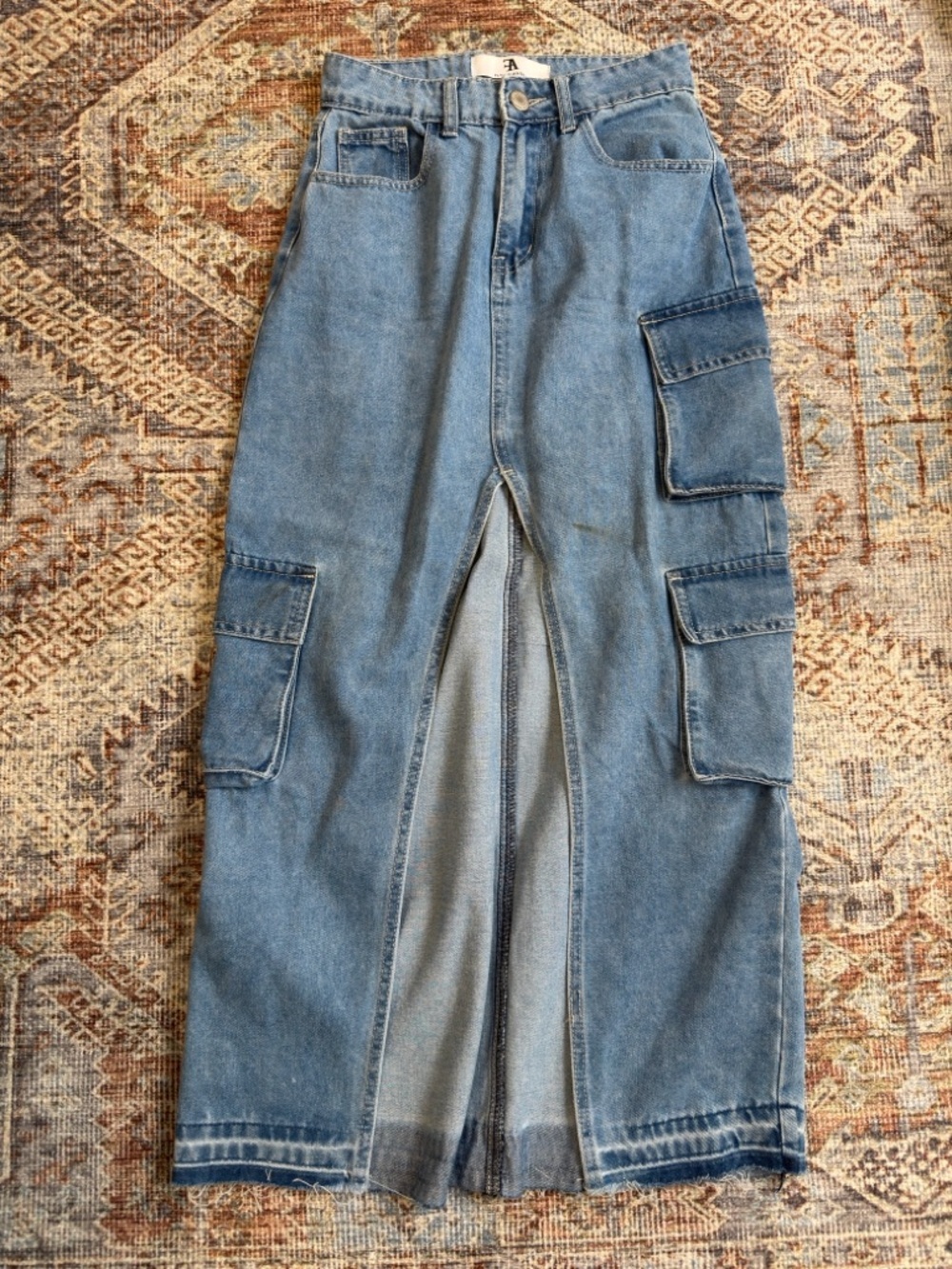 Flying Angel Cargo Denim Maxi Skirt With Front Slit Light Blue Wash